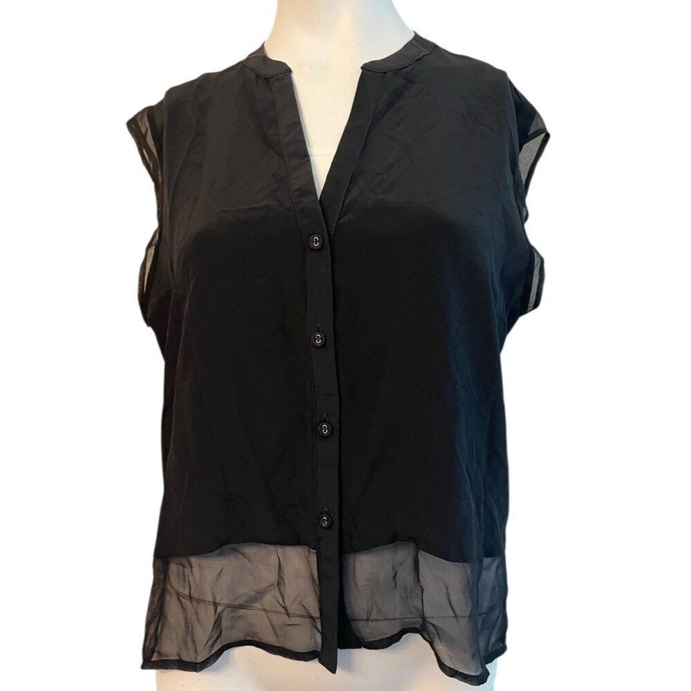 Heather by Bordeaux Size Medium Black Silk Button Front Blouse Semi Sheer NWT